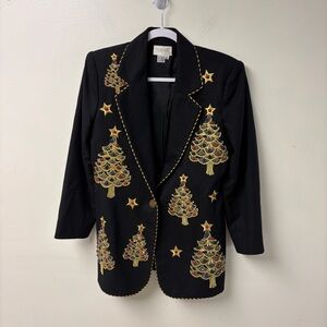 Vintage Jenna Black‎ Wool Christmas Tree Blazer Size 6